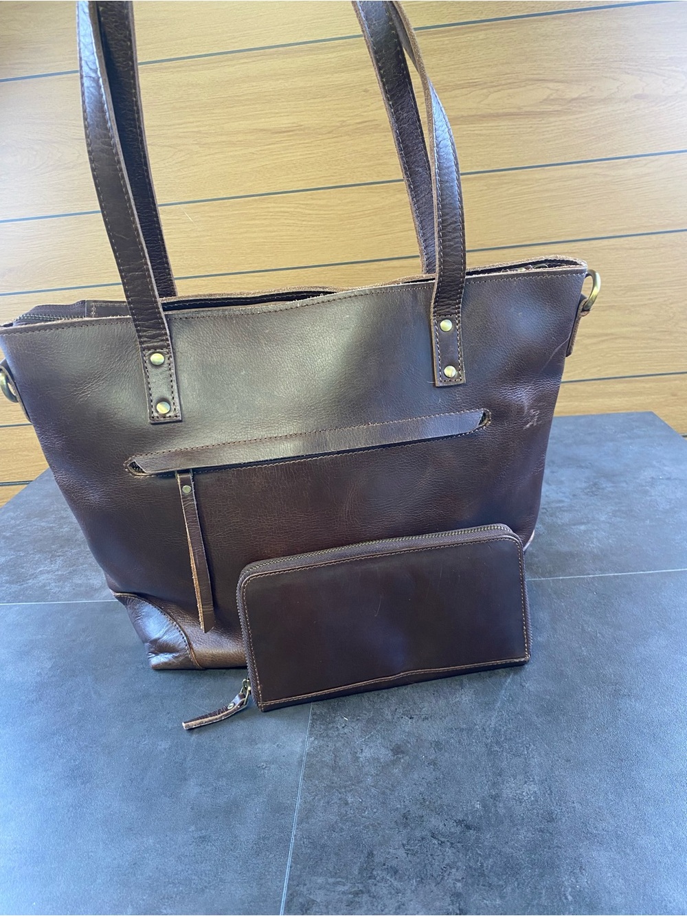 Classic Women's Cognac Brown Leather Laptop Tote w/ Matching zip around Wallet